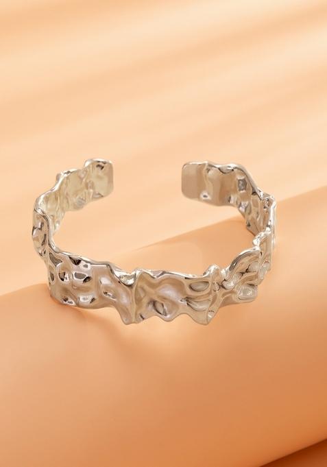Shiny Silver Plated Anti Tarnish Hammered Chunky Adjustable Cuff Bangle Bracelet