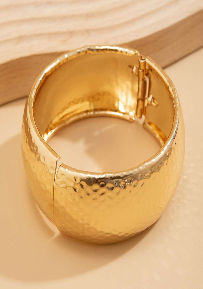 Shiny Gold Plated Anti Tarnish Bold Hammered Chunky Open Bangle Bracelet - Indya