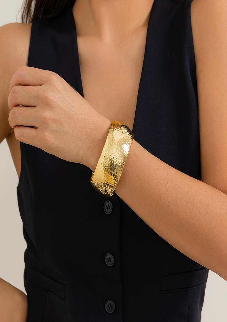 Shiny Gold Plated Anti Tarnish Bold Hammered Chunky Open Bangle Bracelet - Indya