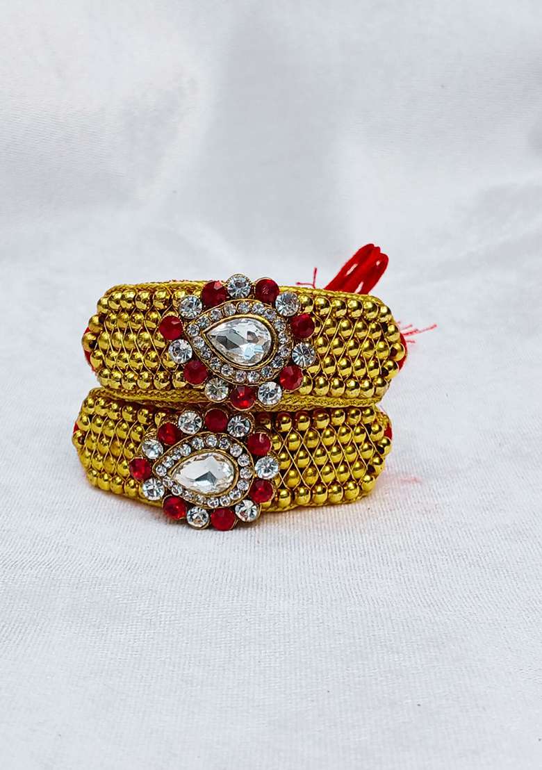 Adjustable Brass Golden Stone Stud Gold Plated Rajasthani Pochu Bracelet Bajuband - Indya