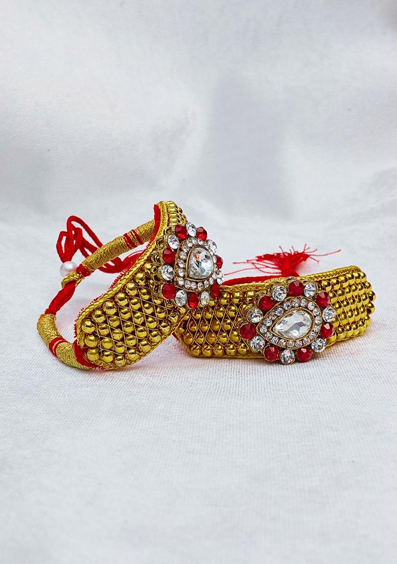 Adjustable Brass Golden Stone Stud Gold Plated Rajasthani Pochu Bracelet Bajuband