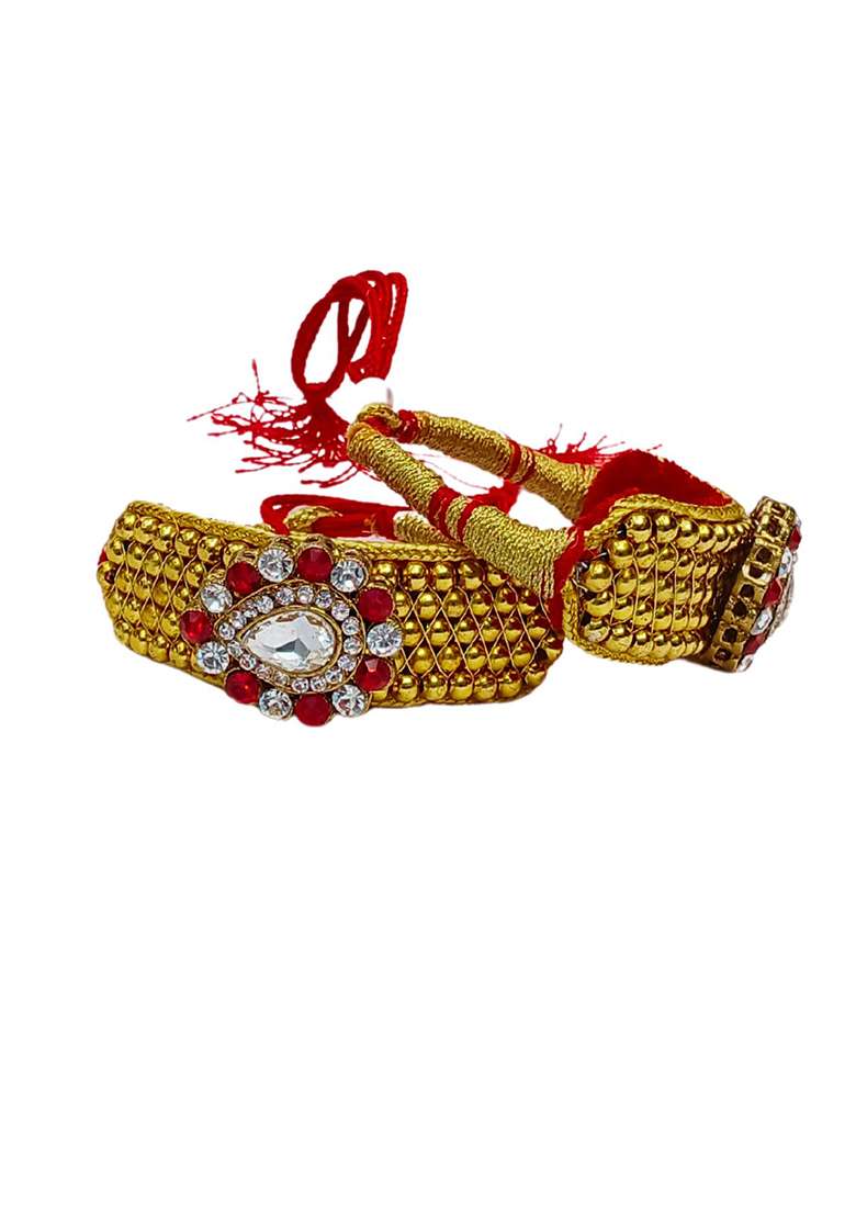 Adjustable Brass Golden Stone Stud Gold Plated Rajasthani Pochu Bracelet Bajuband - Indya