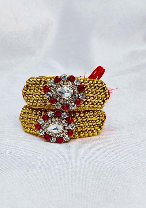 Adjustable Brass Golden Stone Stud Gold Plated Rajasthani Pochu Bracelet Bajuband