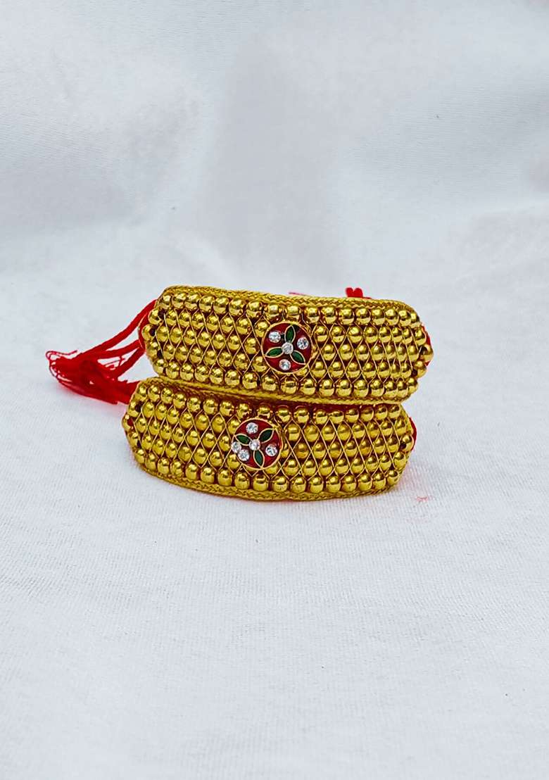 Adjustable Brass Golden Stone Stud Gold Plated Rajasthani Pochu Bracelet Bajuband - Indya