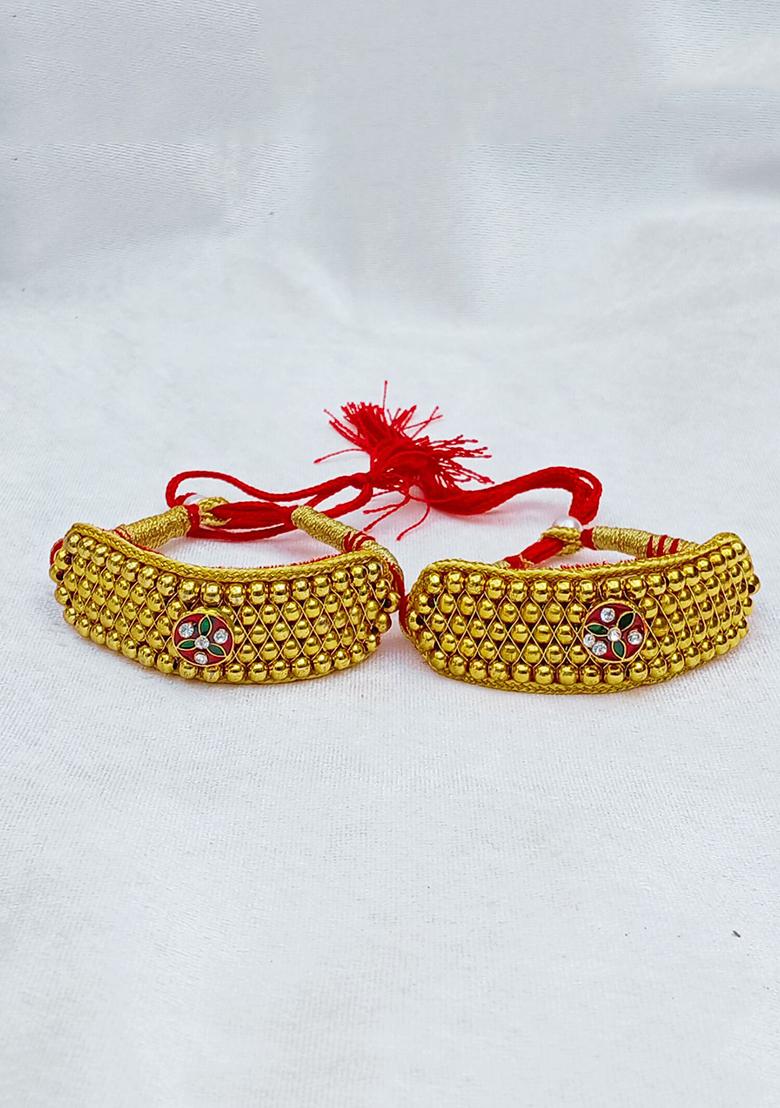 Adjustable Brass Golden Stone Stud Gold Plated Rajasthani Pochu Bracelet Bajuband