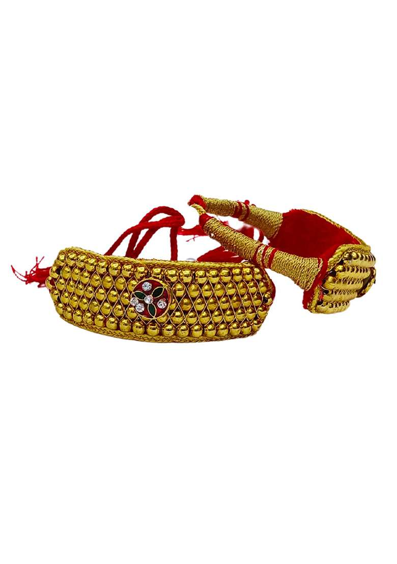 Adjustable Brass Golden Stone Stud Gold Plated Rajasthani Pochu Bracelet Bajuband - Indya