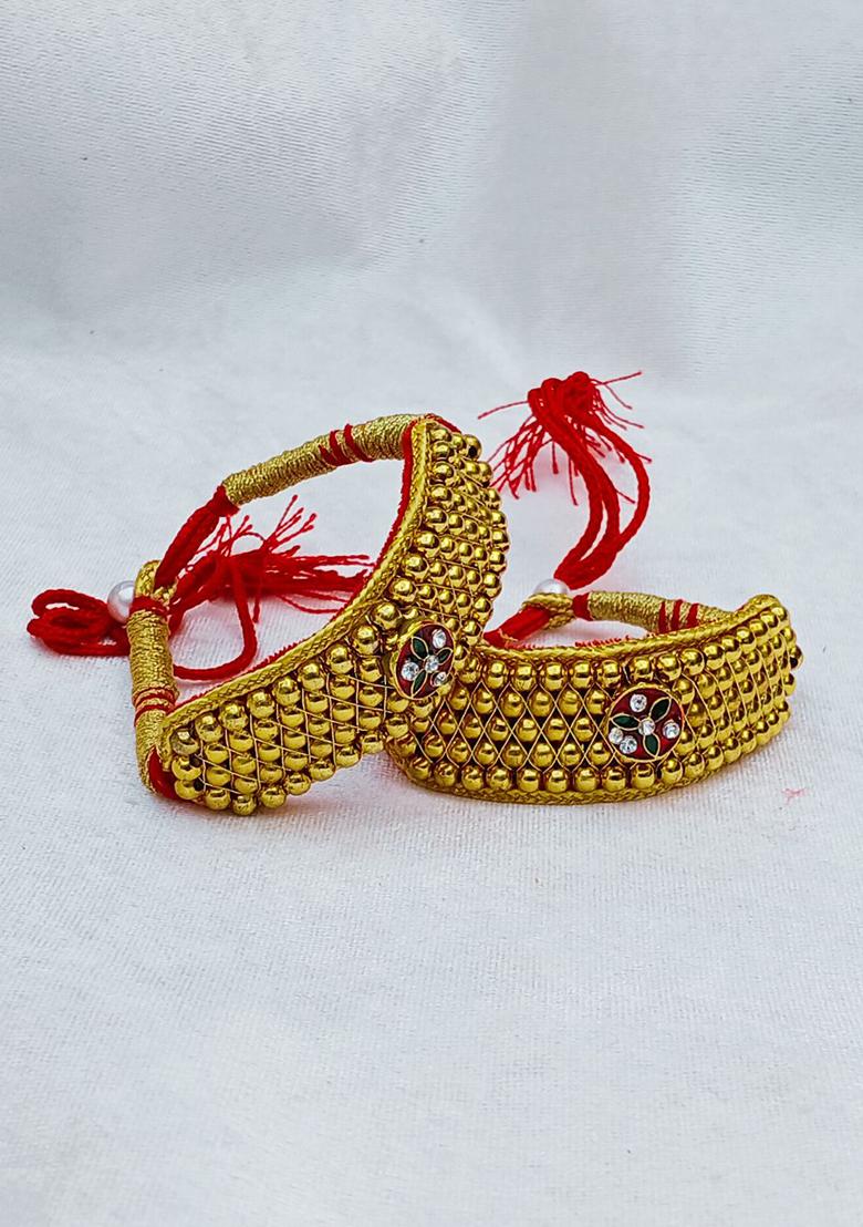 Adjustable Brass Golden Stone Stud Gold Plated Rajasthani Pochu Bracelet Bajuband