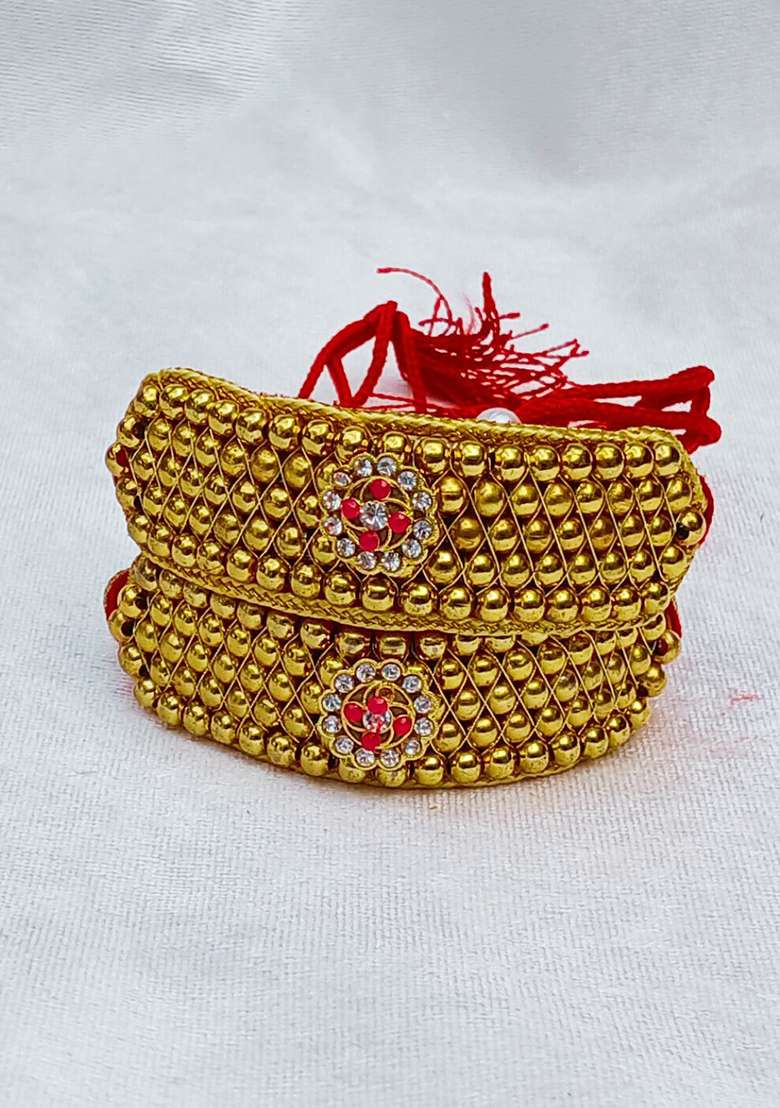 Adjustable Brass Golden Stone Stud Gold Plated Rajasthani Pochu Bracelet Bajuband - Indya