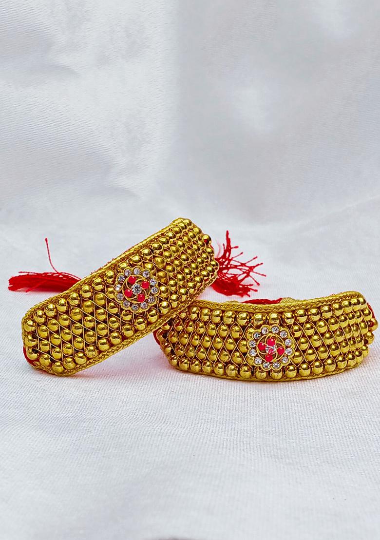 Adjustable Brass Golden Stone Stud Gold Plated Rajasthani Pochu Bracelet Bajuband