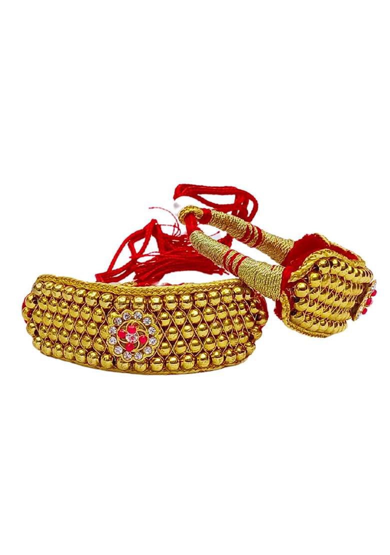 Adjustable Brass Golden Stone Stud Gold Plated Rajasthani Pochu Bracelet Bajuband - Indya