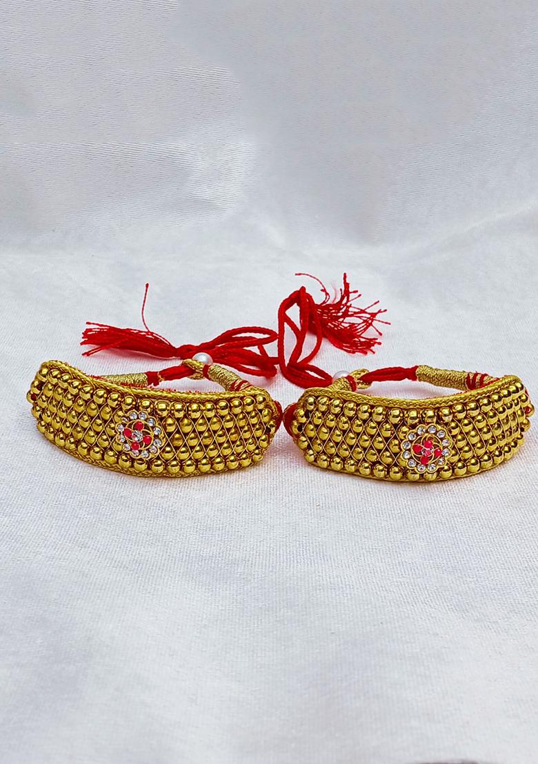 Adjustable Brass Golden Stone Stud Gold Plated Rajasthani Pochu Bracelet Bajuband