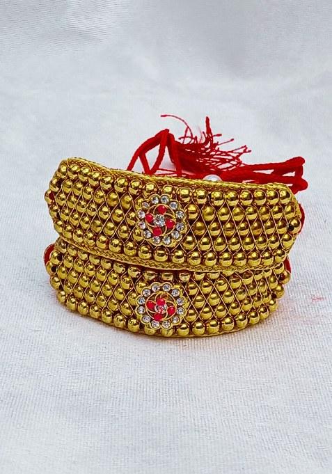 Adjustable Brass Golden Stone Stud Gold Plated Rajasthani Pochu Bracelet Bajuband