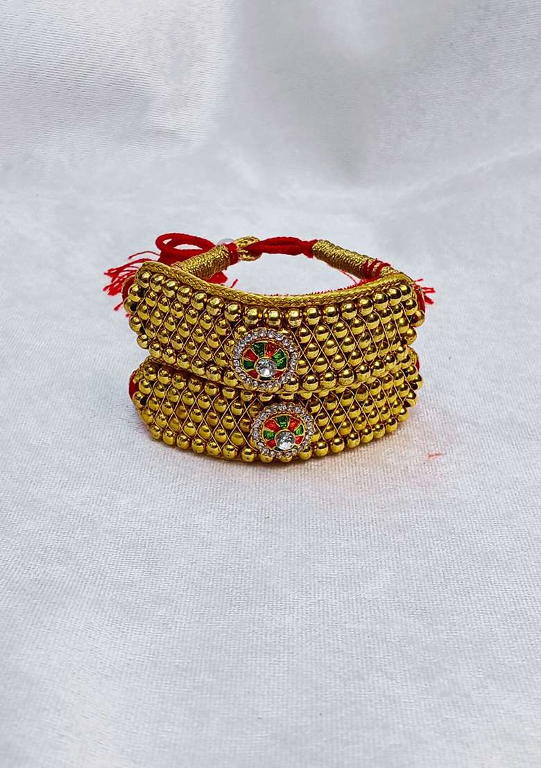 Adjustable Brass Golden Stone Stud Gold Plated Rajasthani Pochu Bracelet Bajuband - Indya