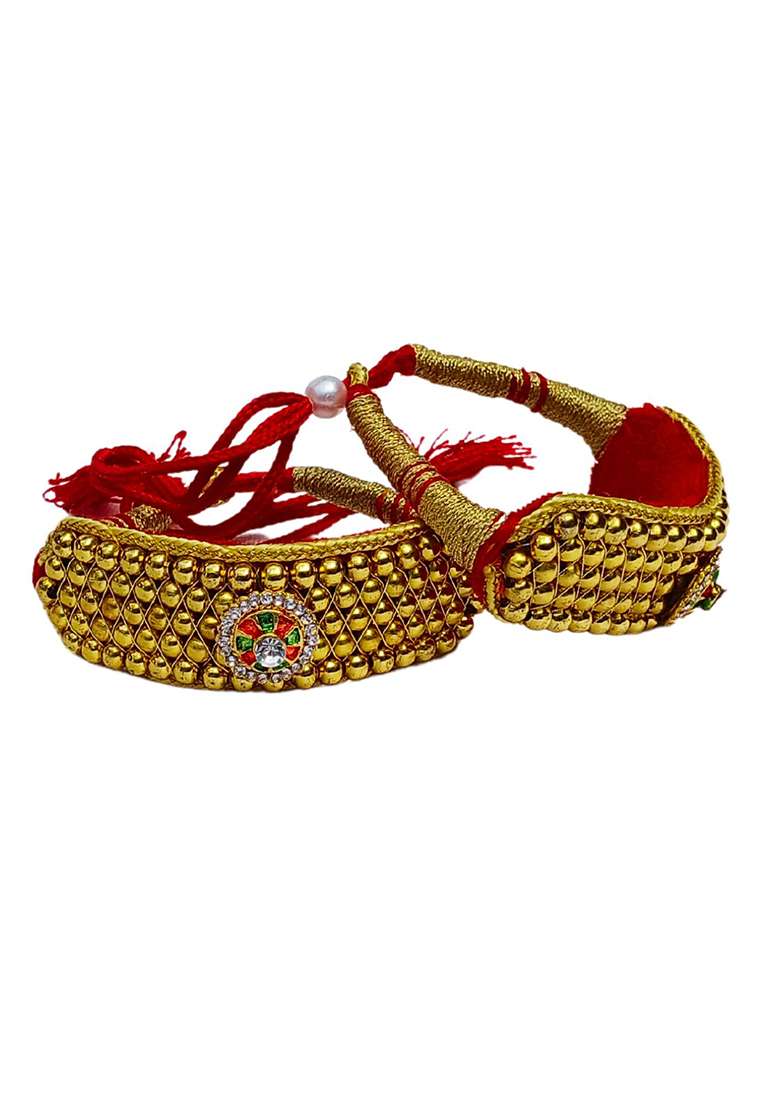 Adjustable Brass Golden Stone Stud Gold Plated Rajasthani Pochu Bracelet Bajuband - Indya
