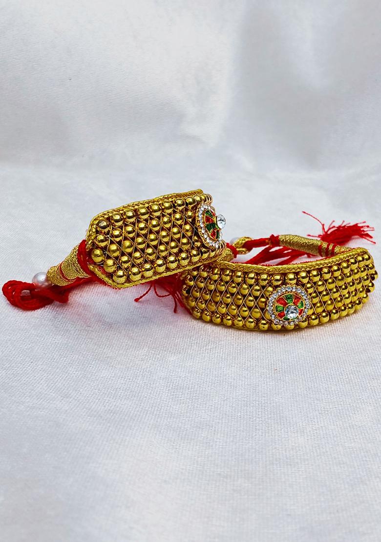 Adjustable Brass Golden Stone Stud Gold Plated Rajasthani Pochu Bracelet Bajuband