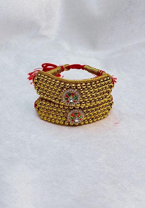 Adjustable Brass Golden Stone Stud Gold Plated Rajasthani Pochu Bracelet Bajuband