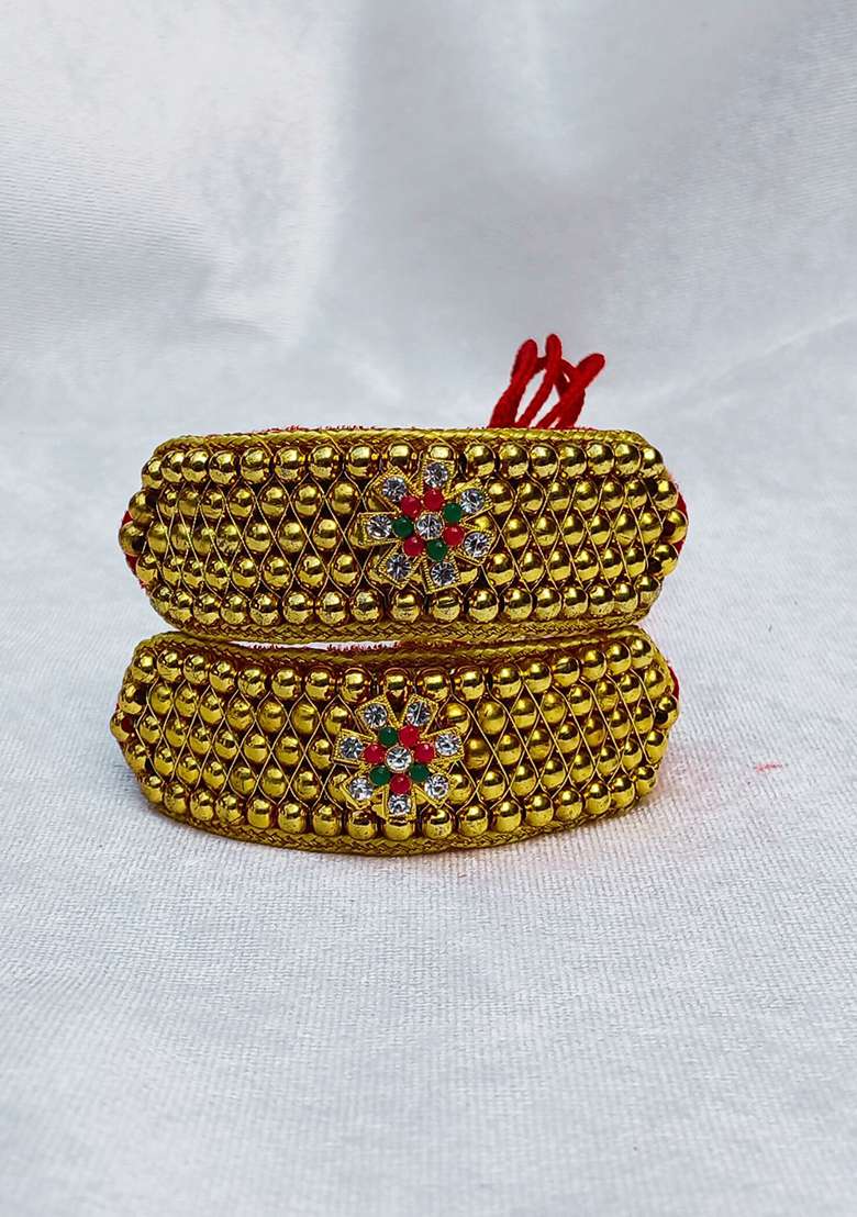Adjustable Brass Golden Stone Stud Gold Plated Rajasthani Pochu Bracelet Bajuband - Indya