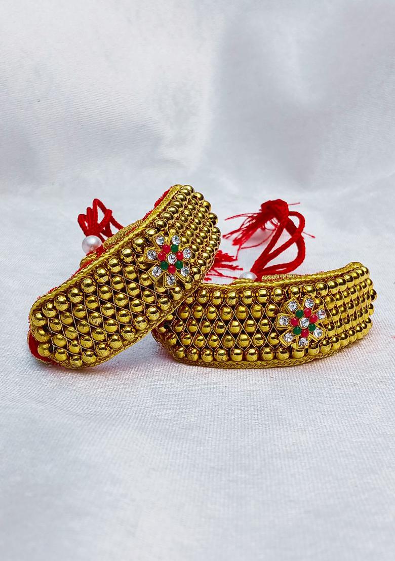Adjustable Brass Golden Stone Stud Gold Plated Rajasthani Pochu Bracelet Bajuband