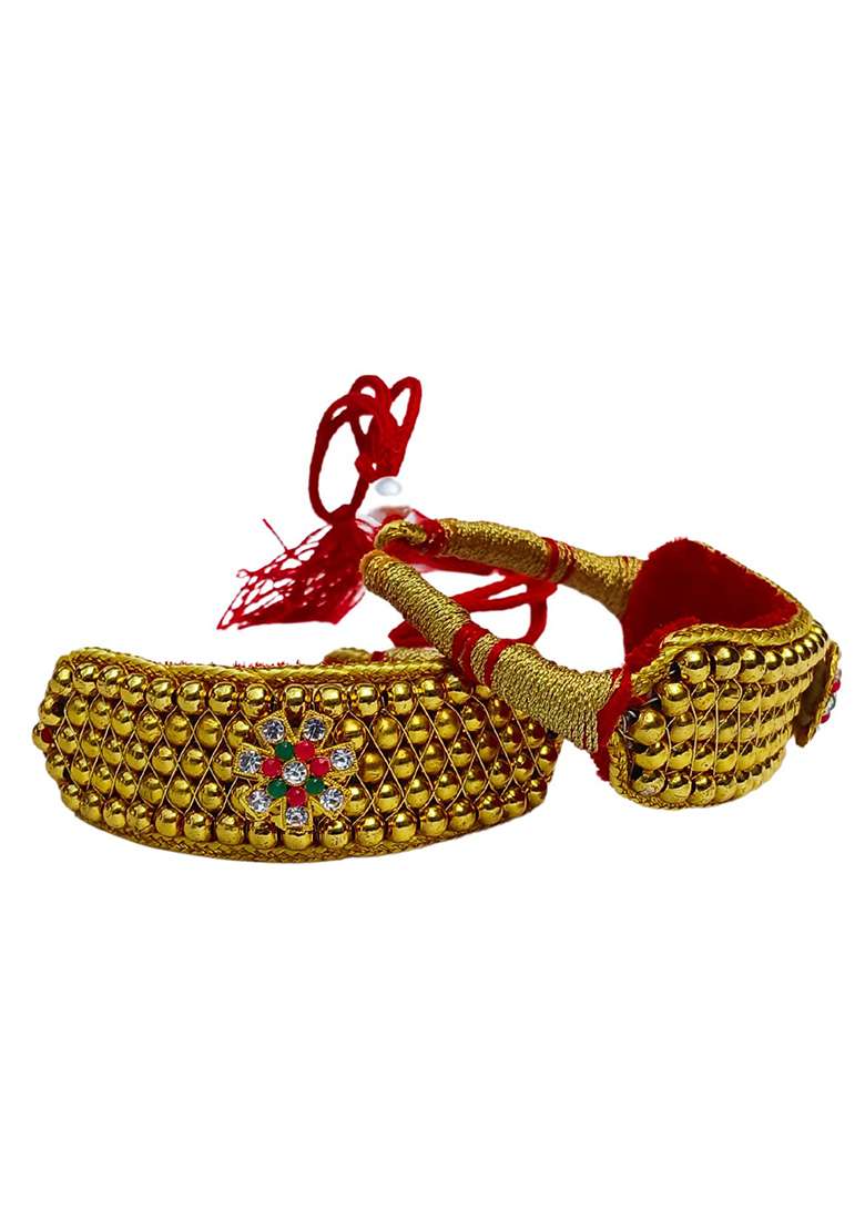 Adjustable Brass Golden Stone Stud Gold Plated Rajasthani Pochu Bracelet Bajuband - Indya