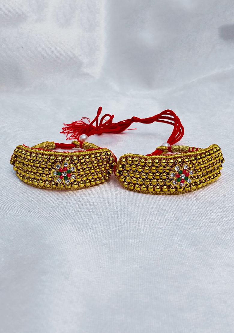 Adjustable Brass Golden Stone Stud Gold Plated Rajasthani Pochu Bracelet Bajuband