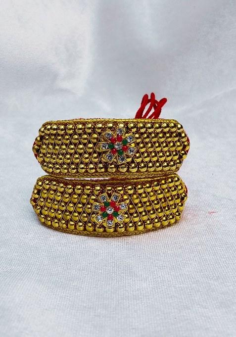 Adjustable Brass Golden Stone Stud Gold Plated Rajasthani Pochu Bracelet Bajuband