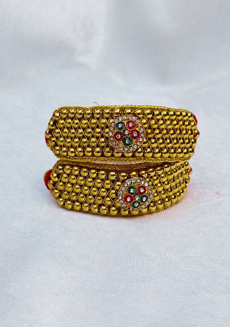 Adjustable Brass Golden Stone Stud Gold Plated Rajasthani Pochu Bracelet Bajuband - Indya