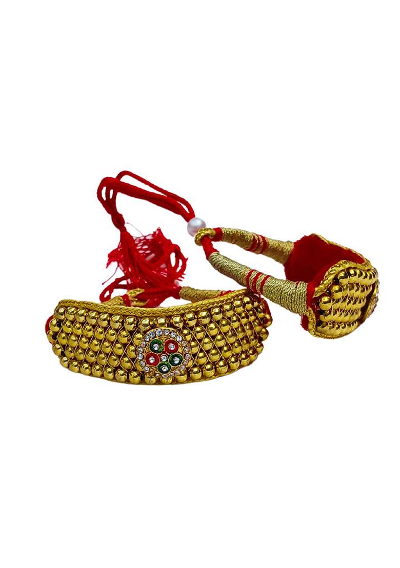 Adjustable Brass Golden Stone Stud Gold Plated Rajasthani Pochu Bracelet Bajuband - Indya