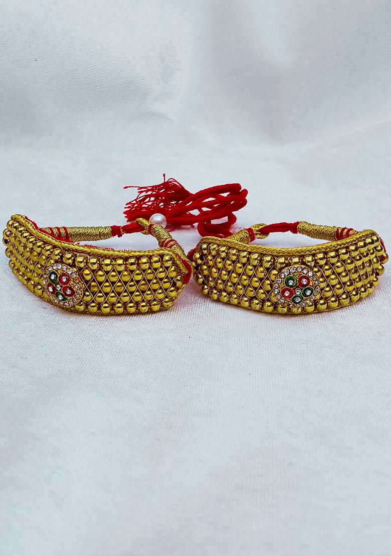 Adjustable Brass Golden Stone Stud Gold Plated Rajasthani Pochu Bracelet Bajuband