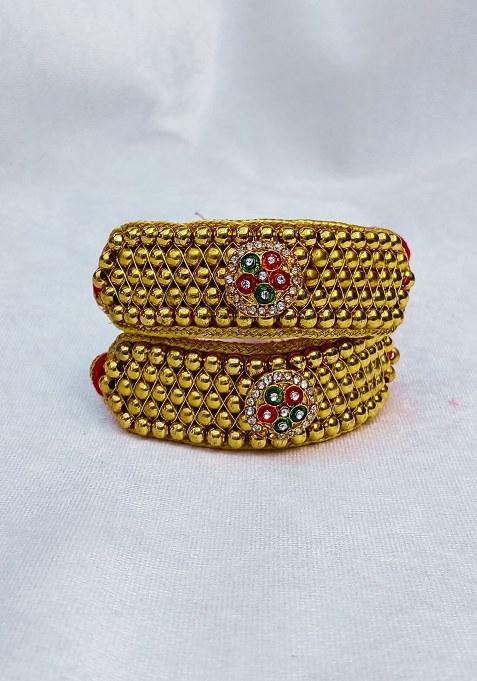 Adjustable Brass Golden Stone Stud Gold Plated Rajasthani Pochu Bracelet Bajuband