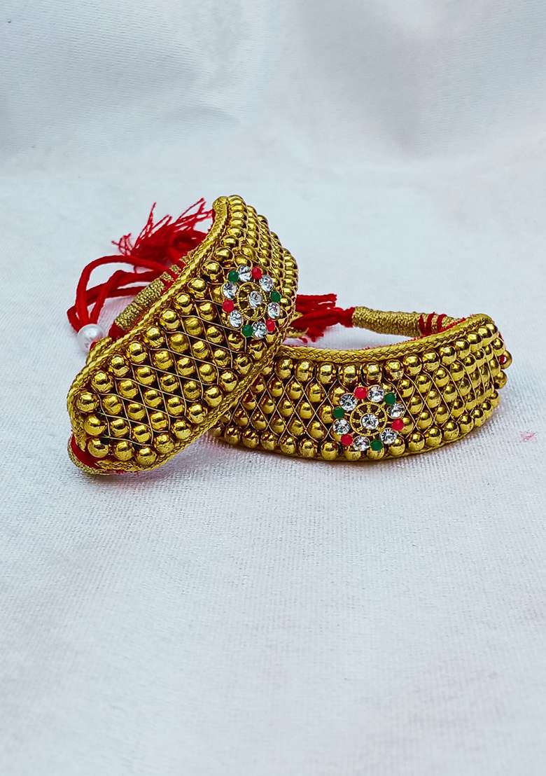 Adjustable Brass Golden Stone Stud Gold Plated Rajasthani Pochu Bracelet Bajuband - Indya