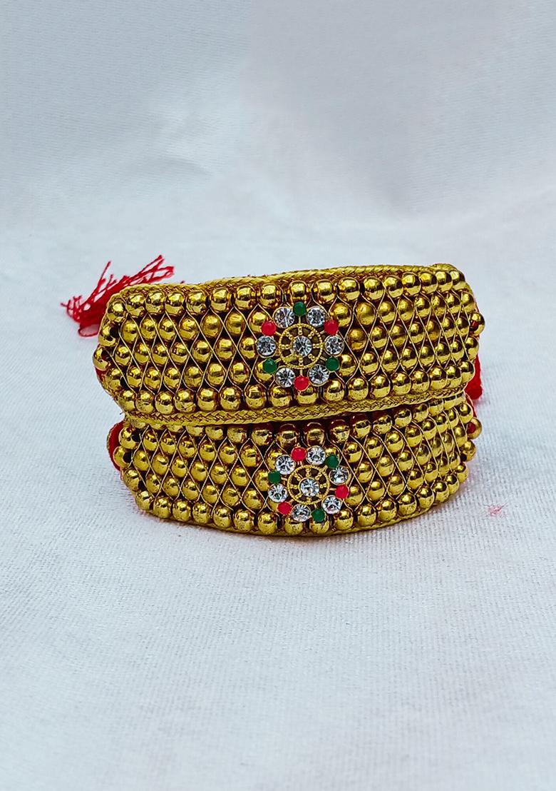 Adjustable Brass Golden Stone Stud Gold Plated Rajasthani Pochu Bracelet Bajuband