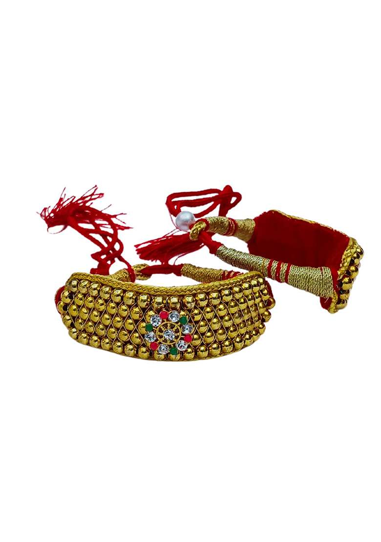 Adjustable Brass Golden Stone Stud Gold Plated Rajasthani Pochu Bracelet Bajuband - Indya