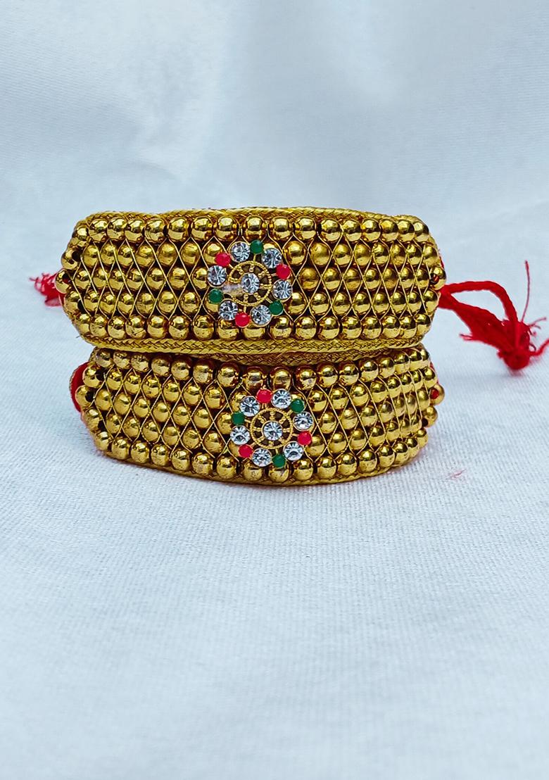 Adjustable Brass Golden Stone Stud Gold Plated Rajasthani Pochu Bracelet Bajuband