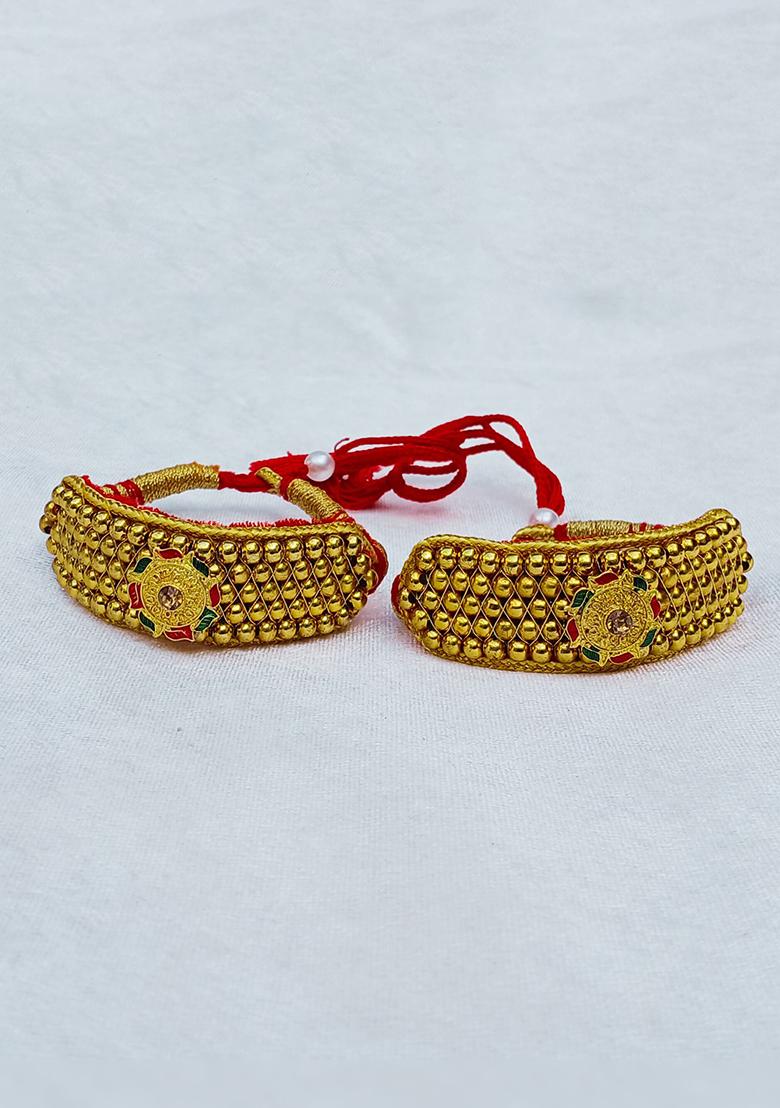 Adjustable Brass Golden Stone Stud Gold Plated Rajasthani Pochu Bracelet Bajuband