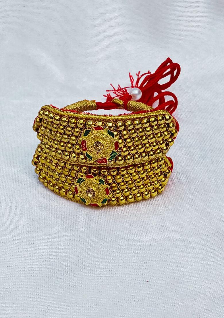 Adjustable Brass Golden Stone Stud Gold Plated Rajasthani Pochu Bracelet Bajuband