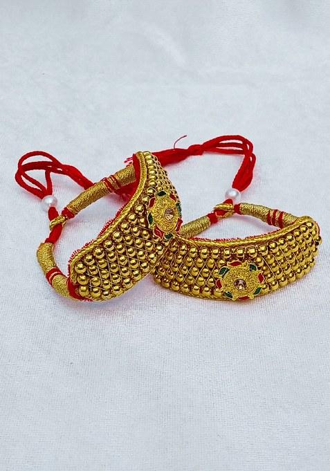 Adjustable Brass Golden Stone Stud Gold Plated Rajasthani Pochu Bracelet Bajuband