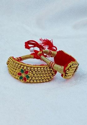 Adjustable Brass Golden Stone Stud Gold Plated Rajasthani Pochu Bracelet Bajuband