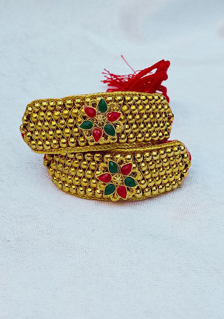 Adjustable Brass Golden Stone Stud Gold Plated Rajasthani Pochu Bracelet Bajuband