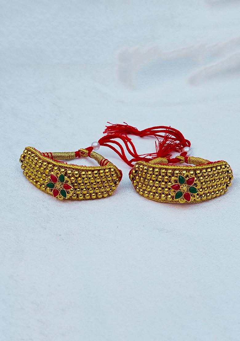 Adjustable Brass Golden Stone Stud Gold Plated Rajasthani Pochu Bracelet Bajuband