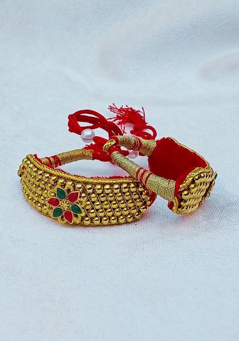 Adjustable Brass Golden Stone Stud Gold Plated Rajasthani Pochu Bracelet Bajuband