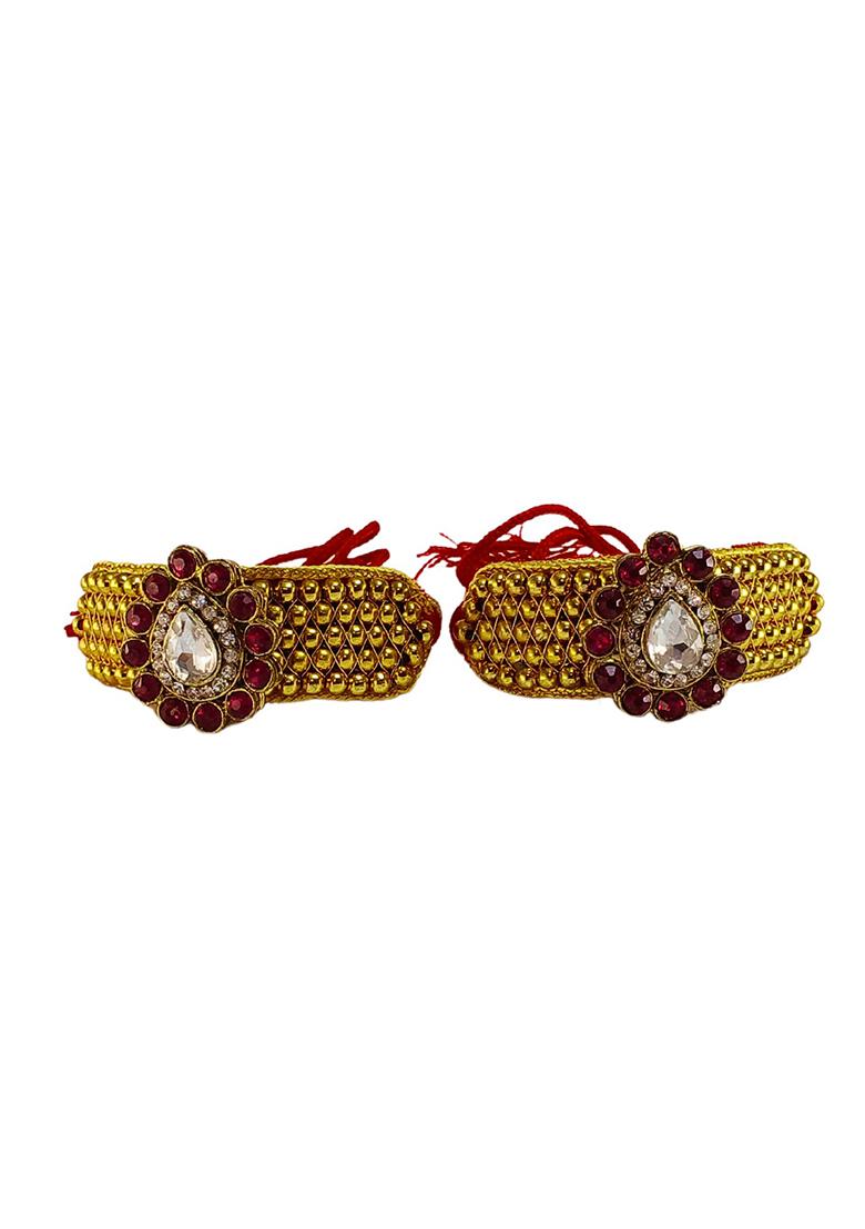 Adjustable Brass Golden Stone Stud Gold Plated Rajasthani Pochu Bracelet Bajuband