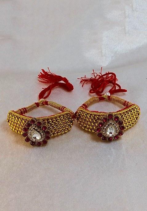 Adjustable Brass Golden Stone Stud Gold Plated Rajasthani Pochu Bracelet Bajuband