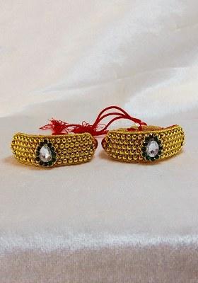 Adjustable Brass Golden Stone Stud Gold Plated Rajasthani Pochu Bracelet Bajuband