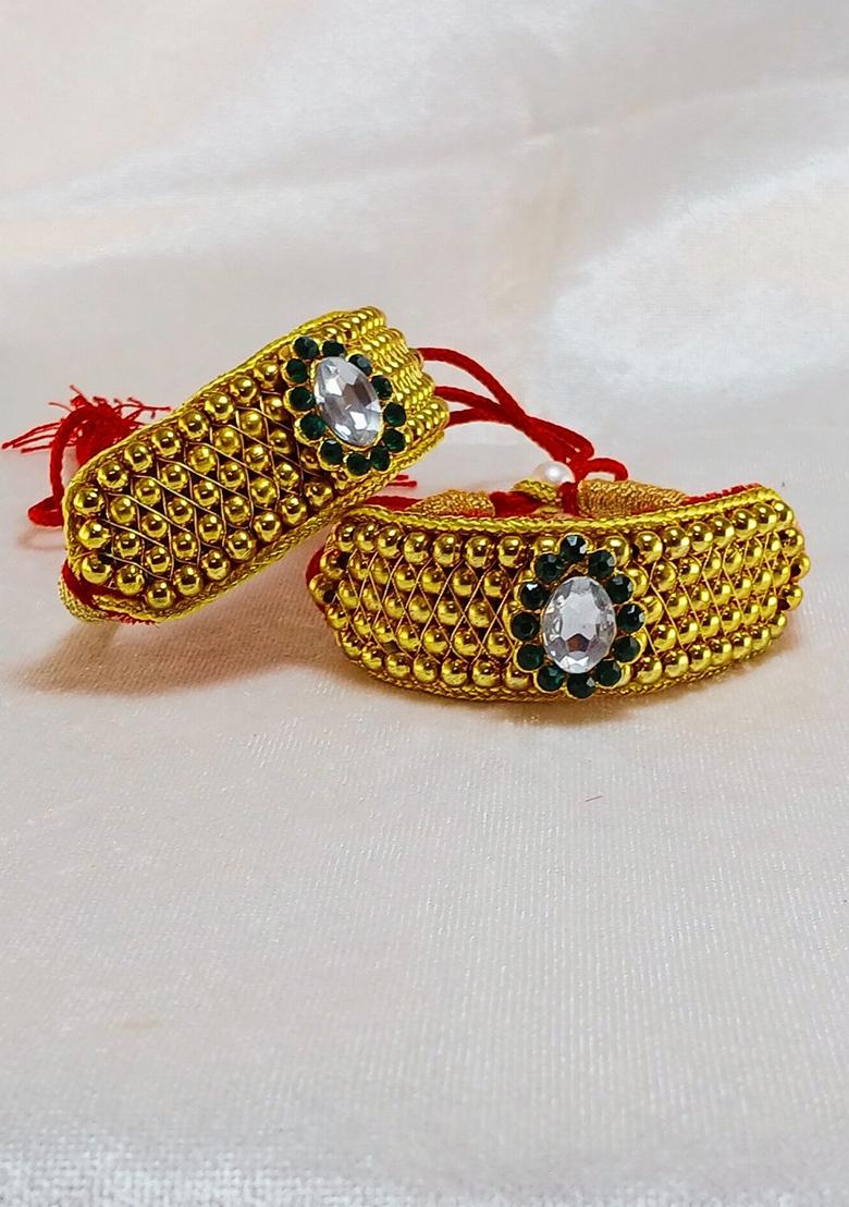 Adjustable Brass Golden Stone Stud Gold Plated Rajasthani Pochu Bracelet Bajuband