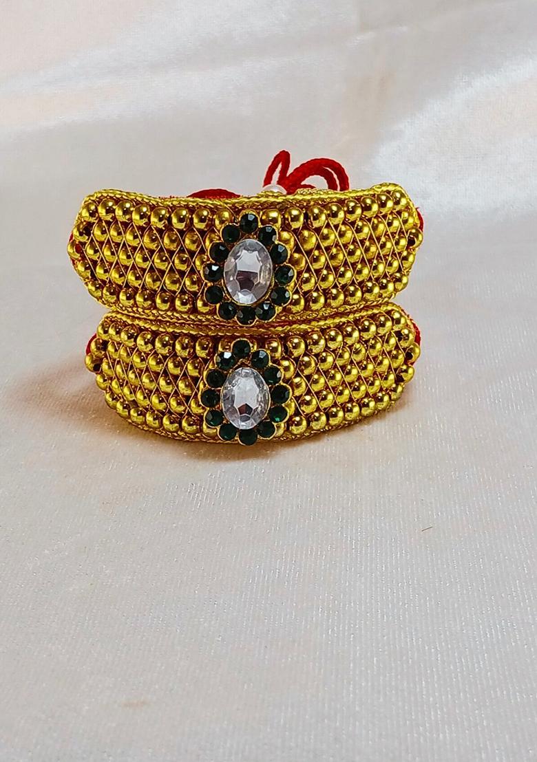 Adjustable Brass Golden Stone Stud Gold Plated Rajasthani Pochu Bracelet Bajuband