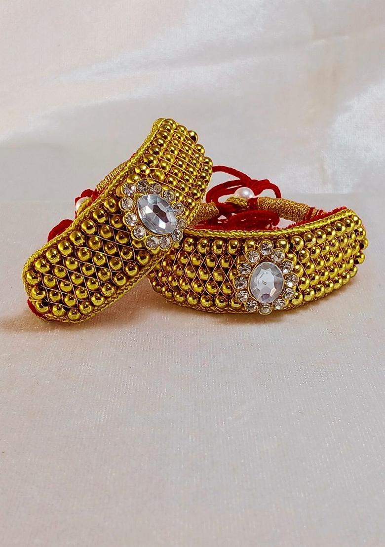 Adjustable Brass Golden Stone Stud Gold Plated Rajasthani Pochu Bracelet Bajuband