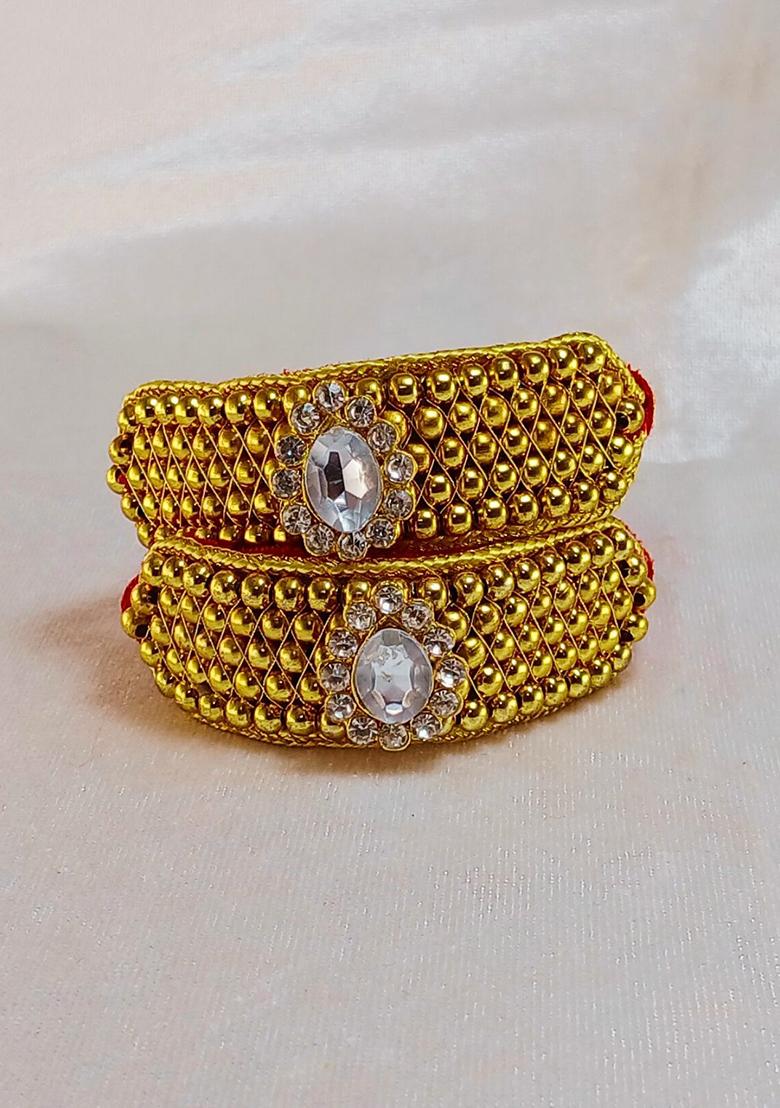 Adjustable Brass Golden Stone Stud Gold Plated Rajasthani Pochu Bracelet Bajuband