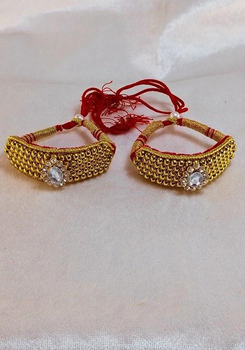 Adjustable Brass Golden Stone Stud Gold Plated Rajasthani Pochu Bracelet Bajuband