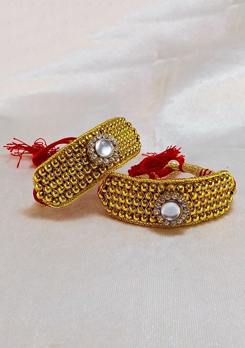 Adjustable Brass Golden Stone Stud Gold Plated Rajasthani Pochu Bracelet Bajuband