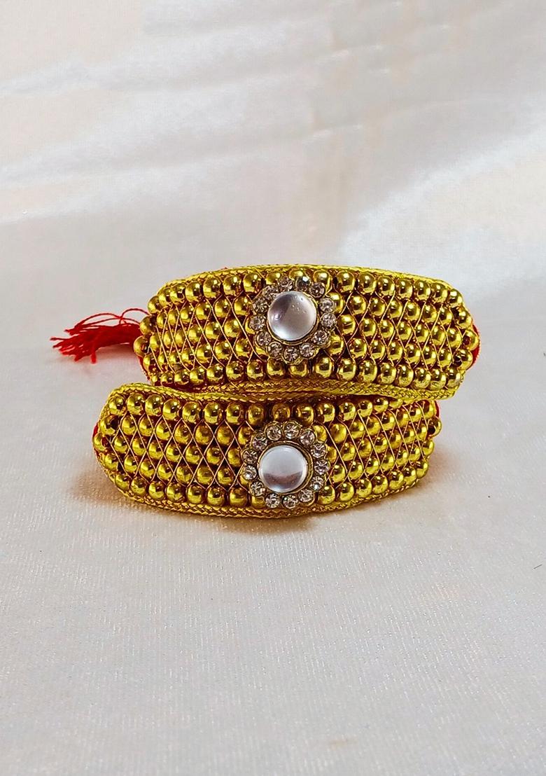 Adjustable Brass Golden Stone Stud Gold Plated Rajasthani Pochu Bracelet Bajuband